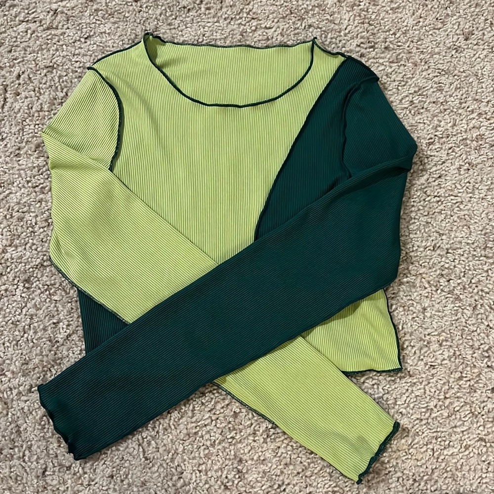 SHEIN Sz M Green Color Blocked Long Sleeve Top